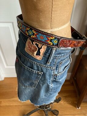 Twisted X Brown Leather Belt with White Stitching Southwest beaded design.